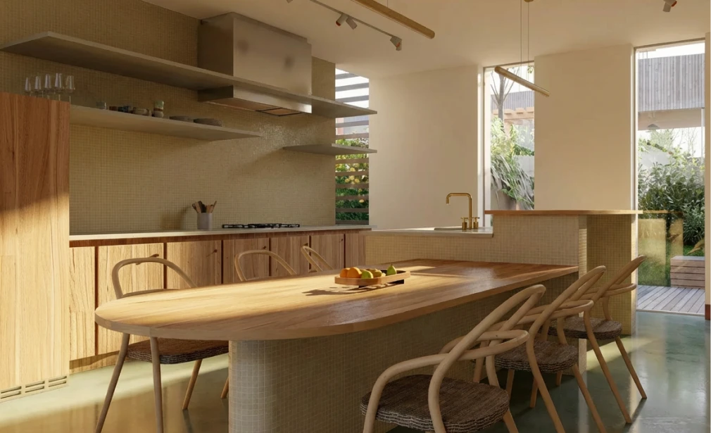 Render interior Casa M7 MDC Arquitectura Gijón con cocina abierta, mesa de madera, sillas curvas y salida al jardín