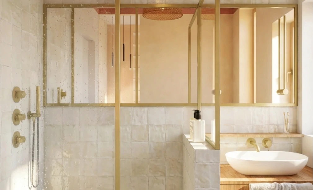 Baño principal rehabilitado Casa Terra MDC Arquitectura Gijón ducha italiana grifería oro lavabo madera