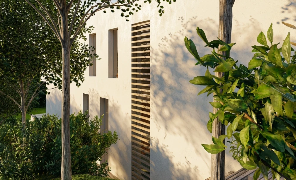 Render exterior lateral Casa M7 MDC Arquitectura Gijón con fachada blanca, lamas verticales, huecos estrechos y vegetación