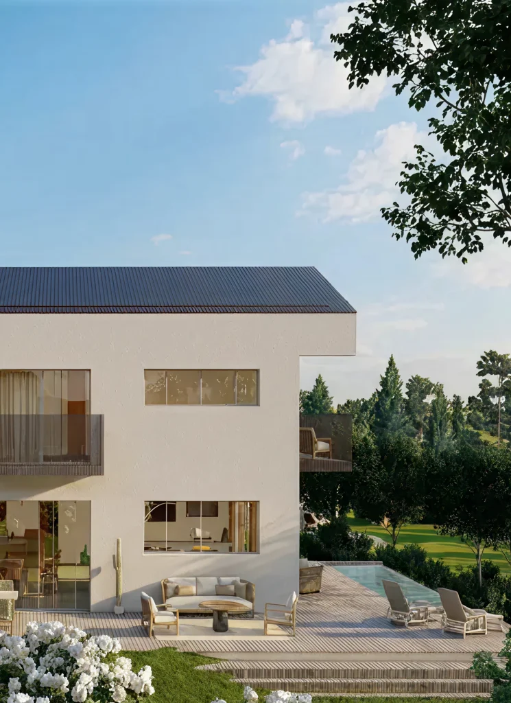 Render exterior Casa M7 MDC Arquitectura Gijón vivienda moderna blanca piscina jardín vistas panorámicas