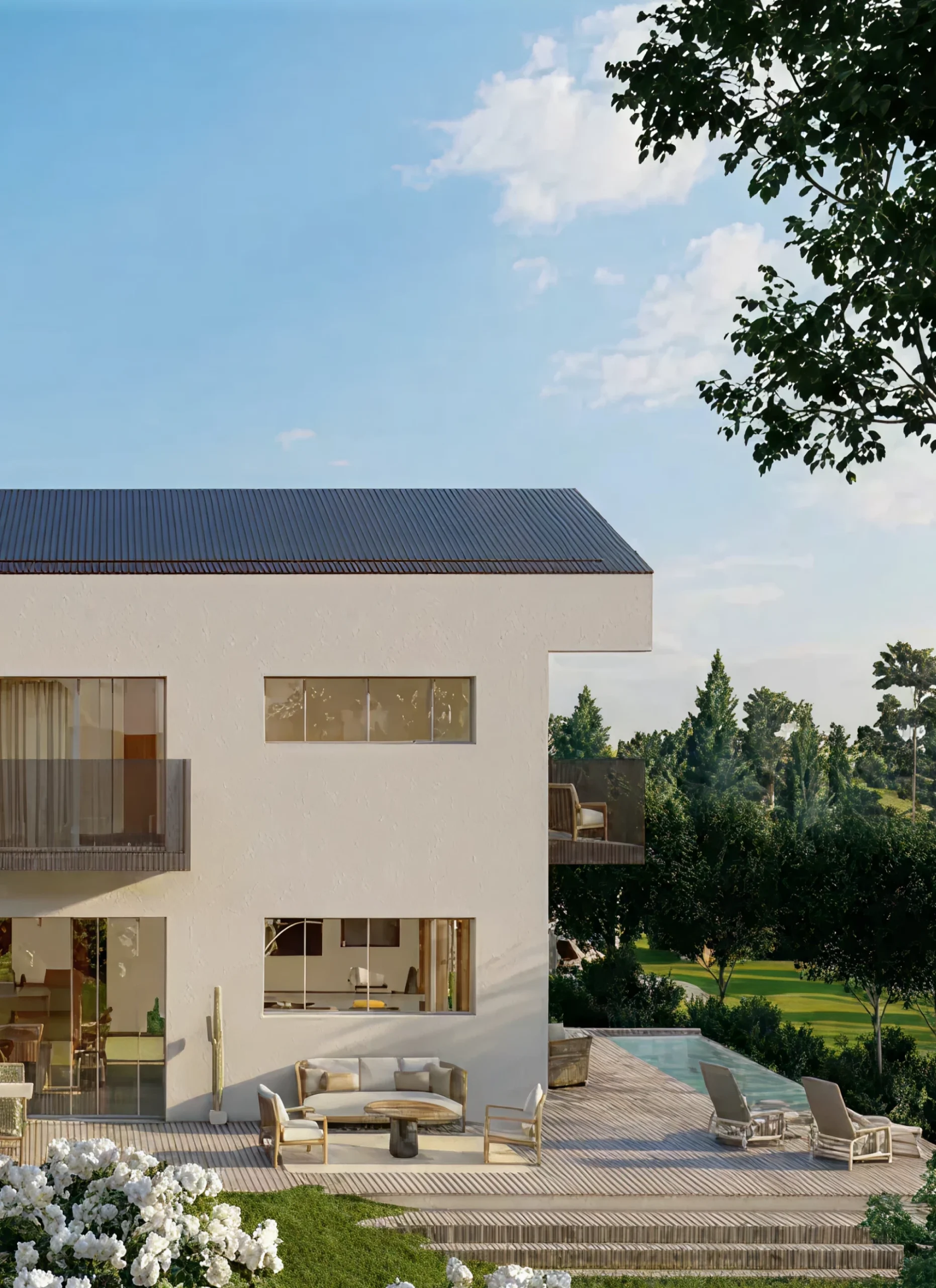 Render exterior Casa M7 MDC Arquitectura Gijón vivienda moderna blanca piscina jardín vistas panorámicas