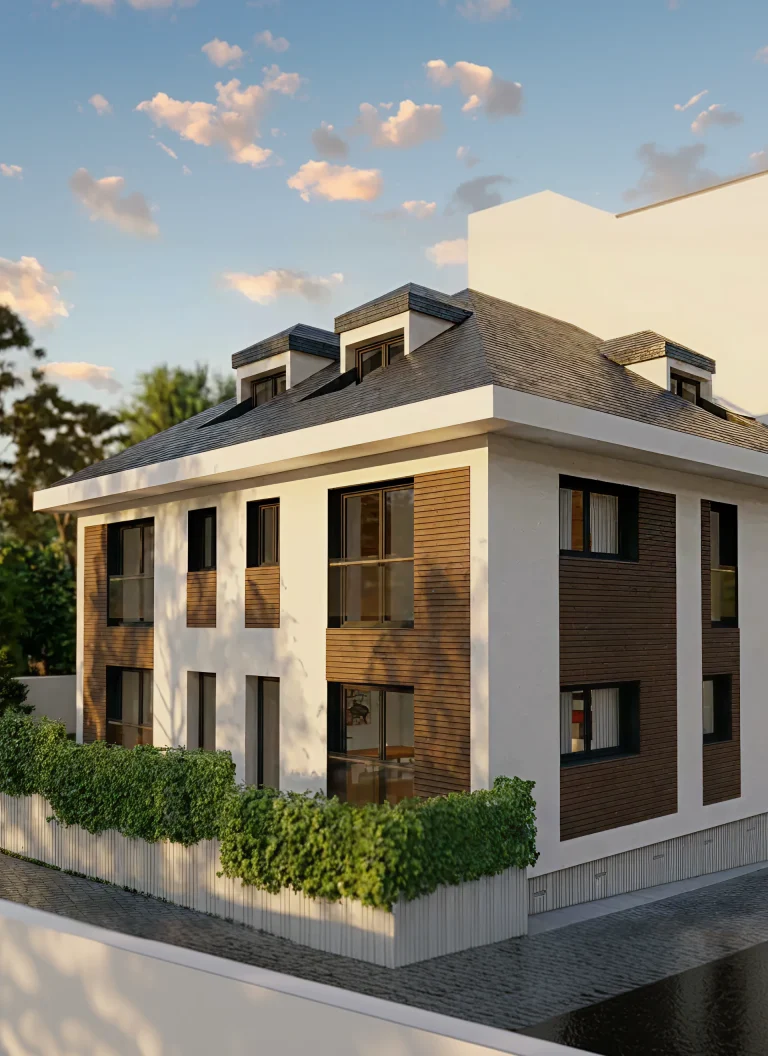 Render exterior del Edificio 3V con fachada blanca, revestimiento en madera oscura, cubierta inclinada y vista en esquina