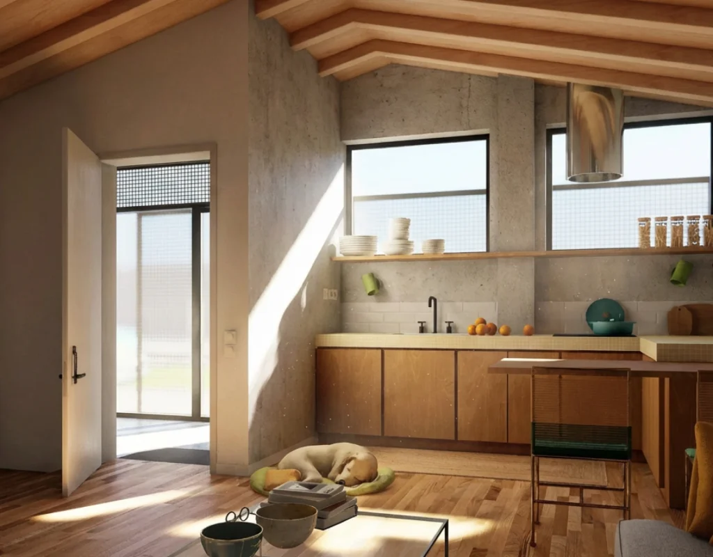 Render interior del Edificio L-2V con bajo adaptado, cocina abierta, salón luminoso y techo de madera visto